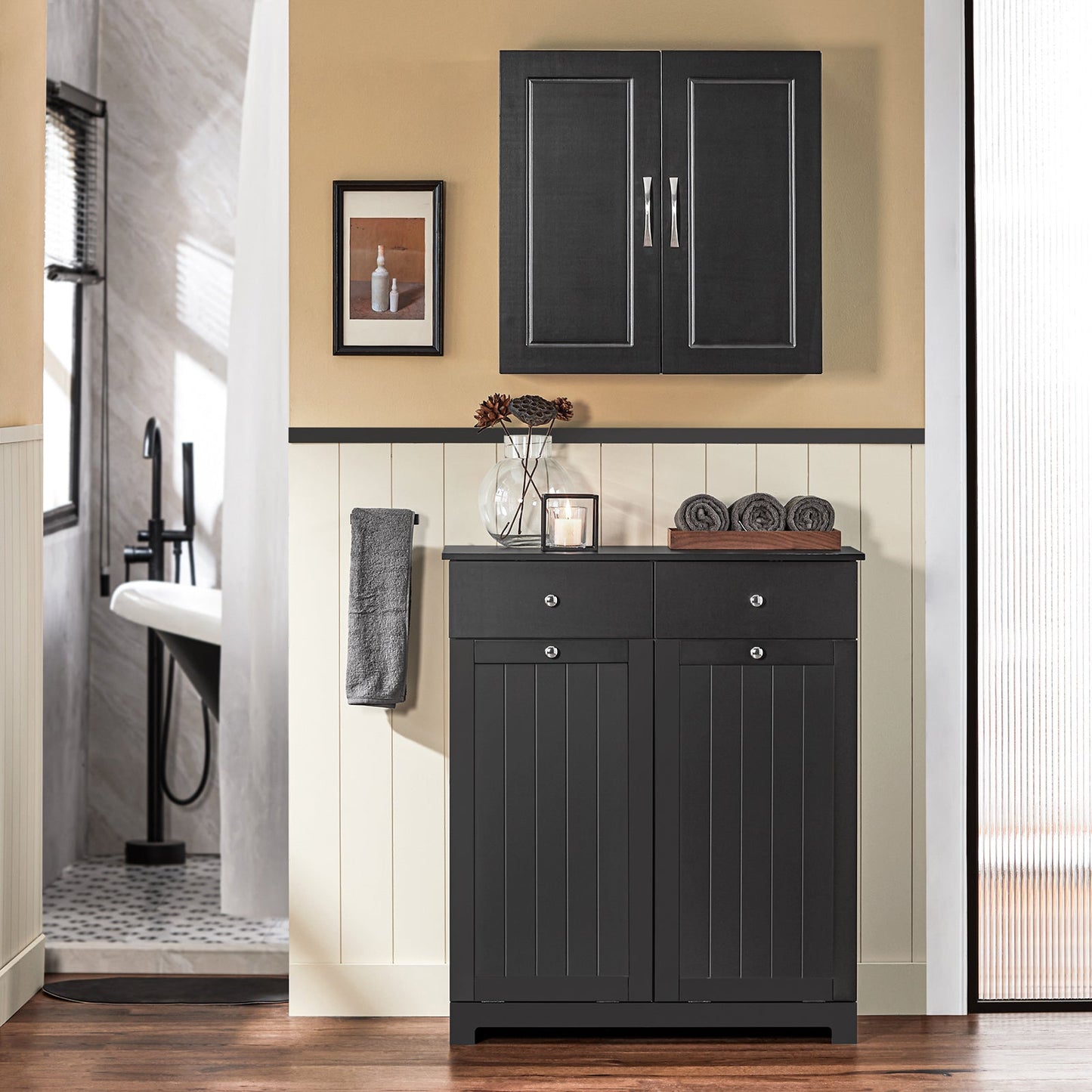 SoBuy Armoire de toilette BZR33-SCH - 2 tiroirs et 2 paniers à linge basculants - 78 x 91 x 38 cm - Noir