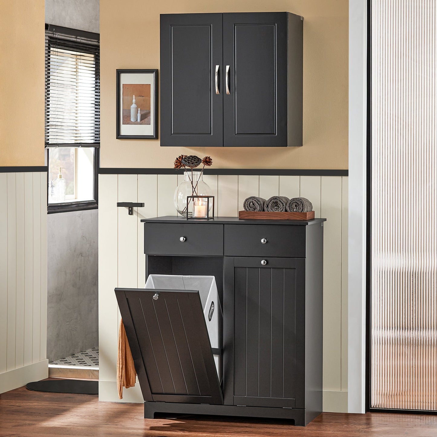 SoBuy Armoire de toilette BZR33-SCH - 2 tiroirs et 2 paniers à linge basculants - 78 x 91 x 38 cm - Noir