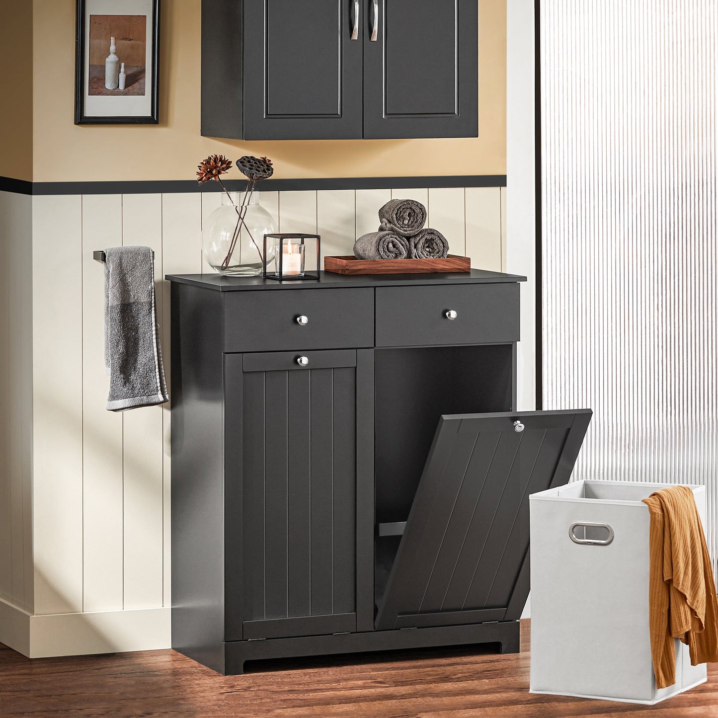 SoBuy Armoire de toilette BZR33-SCH - 2 tiroirs et 2 paniers à linge basculants - 78 x 91 x 38 cm - Noir