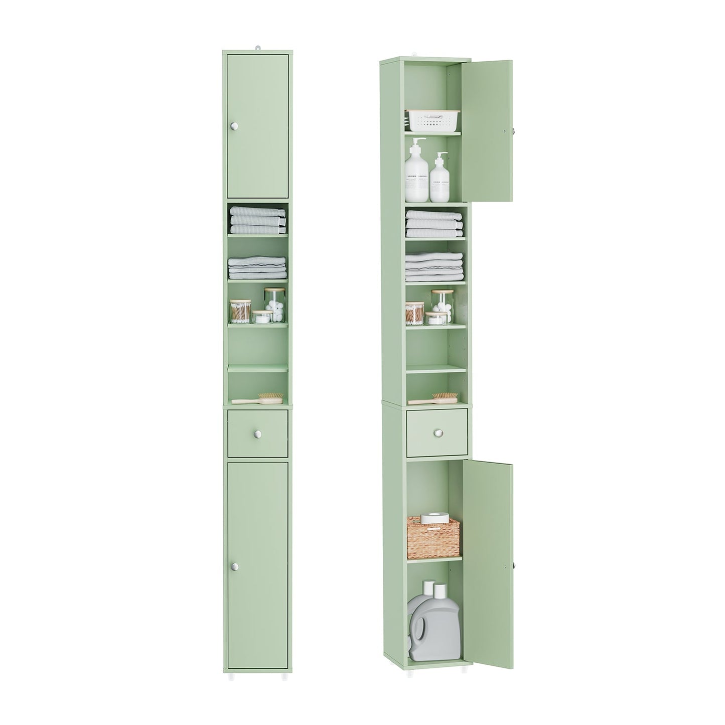 sobuy - Meuble de salle de bain haut - 20 × 20 × 180 cm - vert clair - Meuble de rangement étroit à poser avec tiroir et étagères réglables