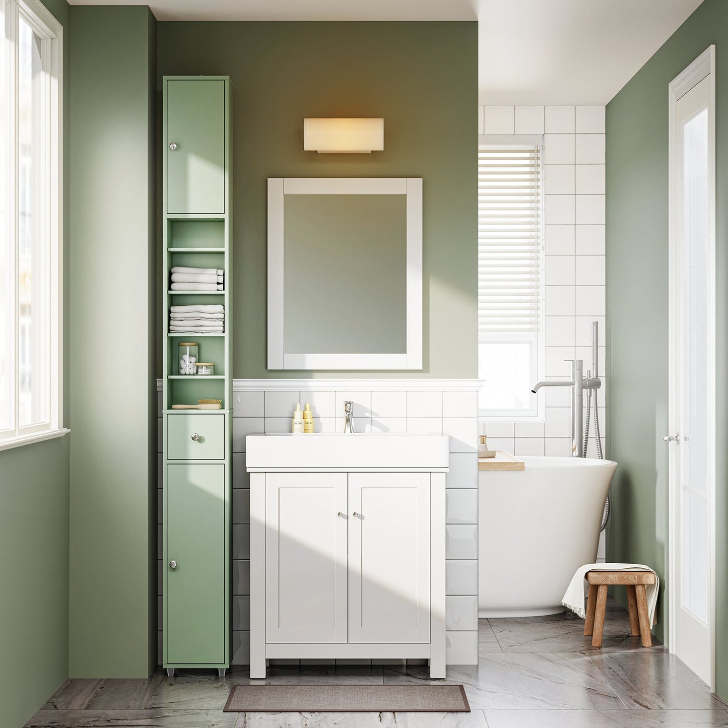 sobuy - Meuble de salle de bain haut - 20 × 20 × 180 cm - vert clair - Meuble de rangement étroit à poser avec tiroir et étagères réglables