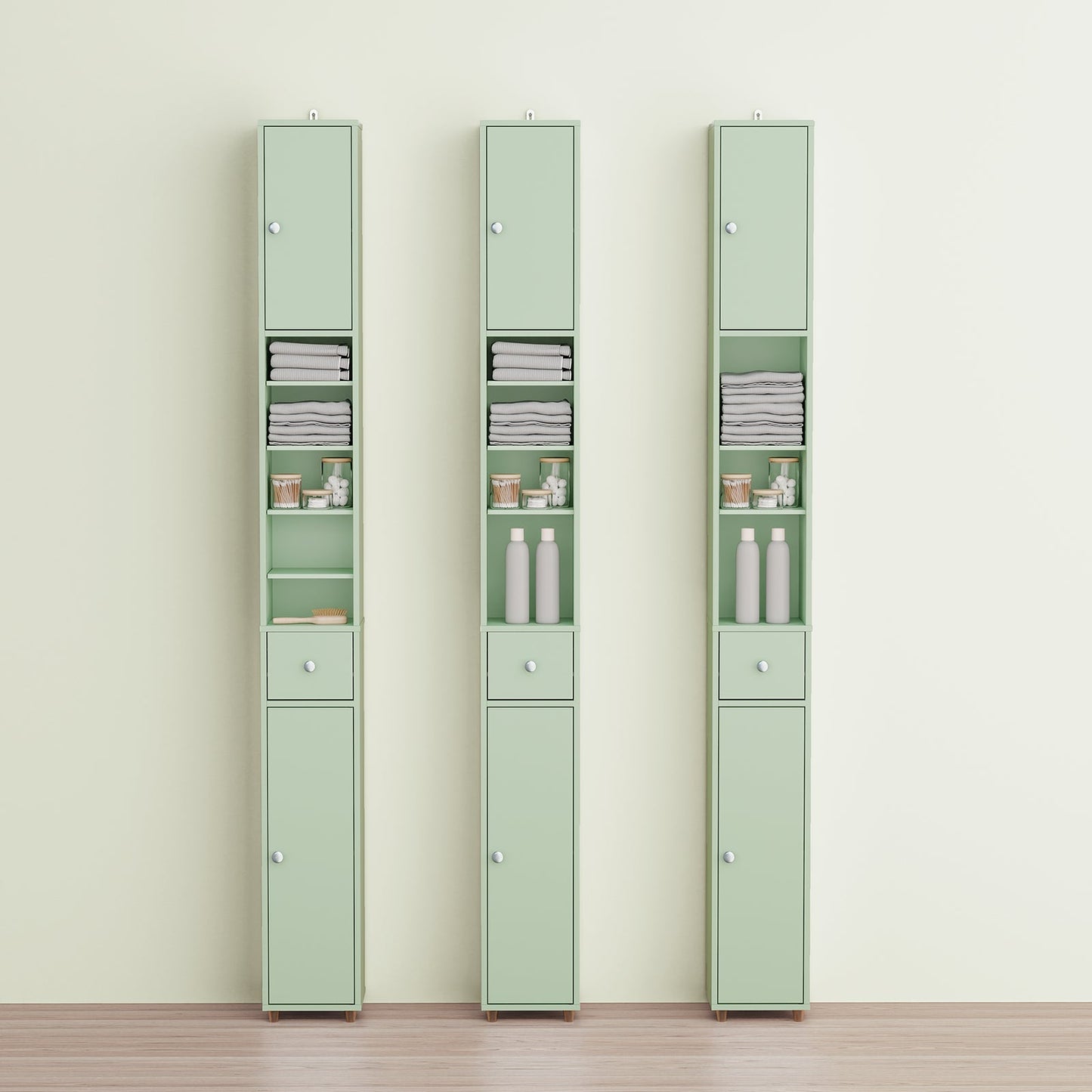 sobuy - Meuble de salle de bain haut - 20 × 20 × 180 cm - vert clair - Meuble de rangement étroit à poser avec tiroir et étagères réglables