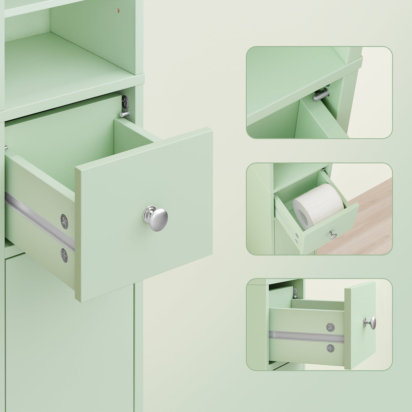 sobuy - Meuble de salle de bain haut - 20 × 20 × 180 cm - vert clair - Meuble de rangement étroit à poser avec tiroir et étagères réglables