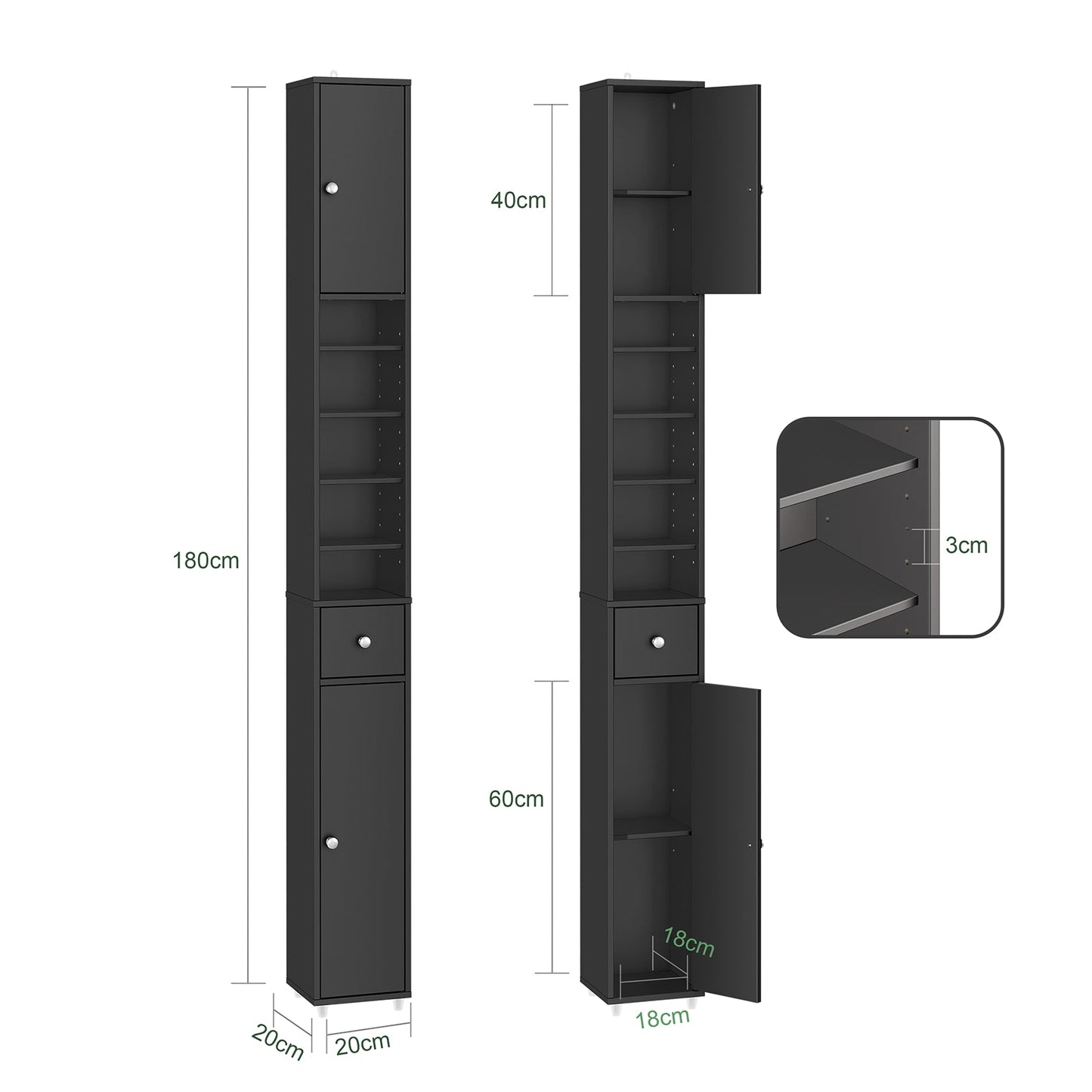 SoBuy Grand meuble de salle de bain étroit avec tiroir et étagères réglables - Meuble colonne noir pour salle de bain et salon - 20 x 20 x 180 cm