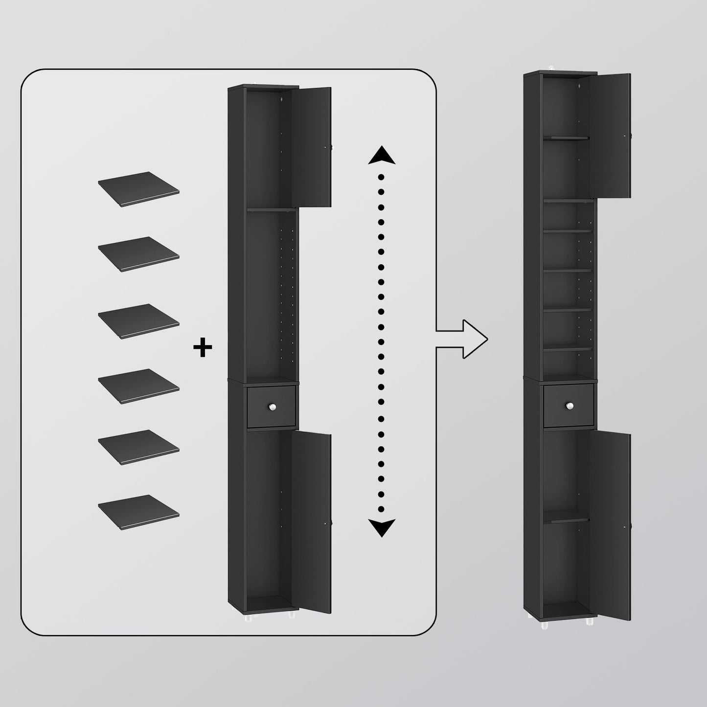 SoBuy Grand meuble de salle de bain étroit avec tiroir et étagères réglables - Meuble colonne noir pour salle de bain et salon - 20 x 20 x 180 cm