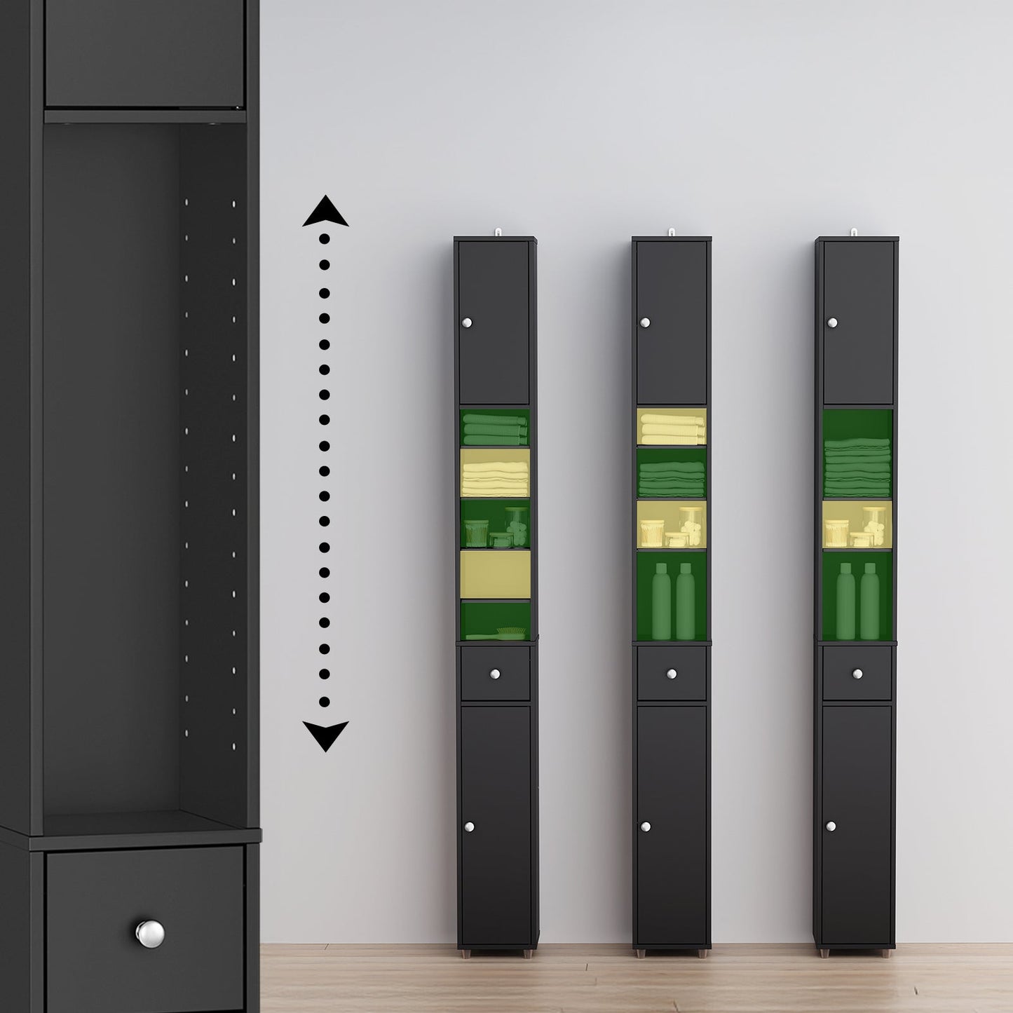 SoBuy Grand meuble de salle de bain étroit avec tiroir et étagères réglables - Meuble colonne noir pour salle de bain et salon - 20 x 20 x 180 cm