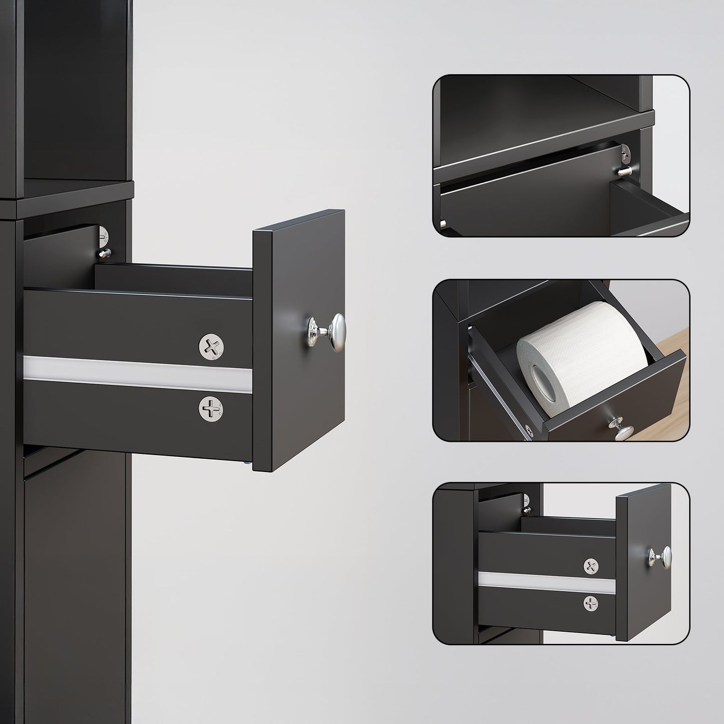 SoBuy Grand meuble de salle de bain étroit avec tiroir et étagères réglables - Meuble colonne noir pour salle de bain et salon - 20 x 20 x 180 cm