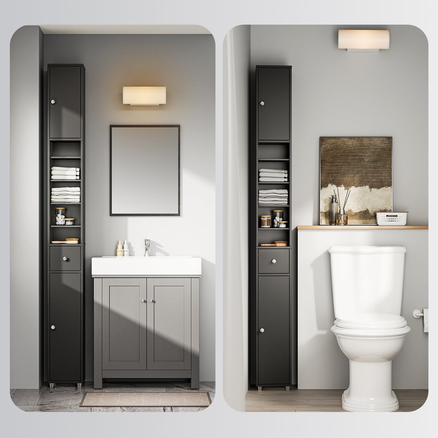 SoBuy Grand meuble de salle de bain étroit avec tiroir et étagères réglables - Meuble colonne noir pour salle de bain et salon - 20 x 20 x 180 cm