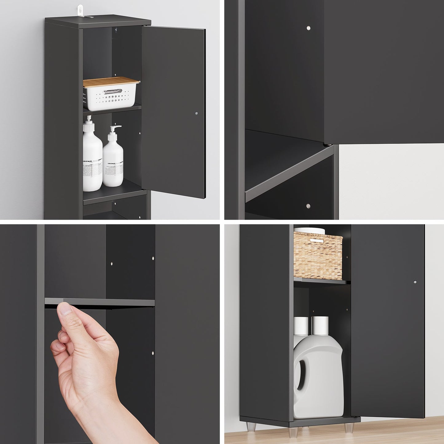 SoBuy Grand meuble de salle de bain étroit avec tiroir et étagères réglables - Meuble colonne noir pour salle de bain et salon - 20 x 20 x 180 cm