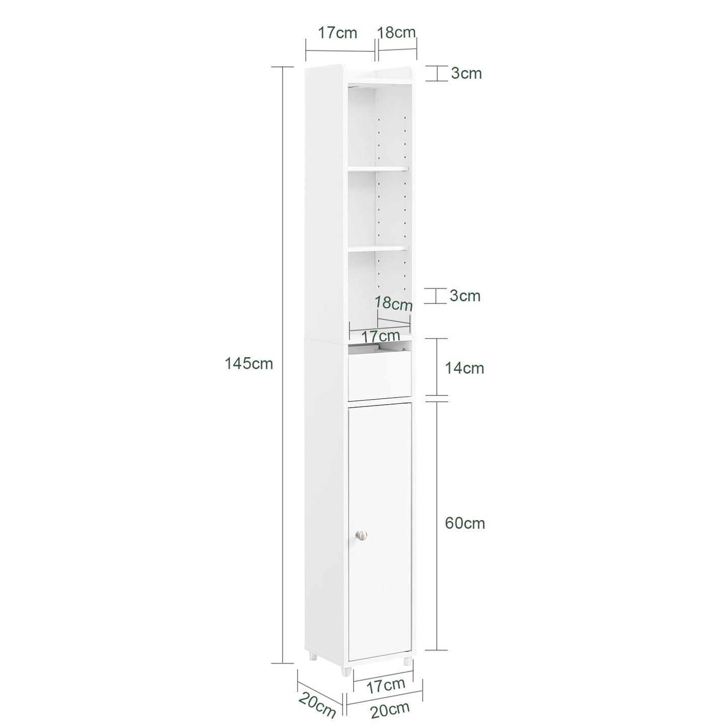 SoBuy BZR34-K-W Meuble de salle de bain étroit avec tiroir et porte - blanc - 20 x 20 x 145 cm