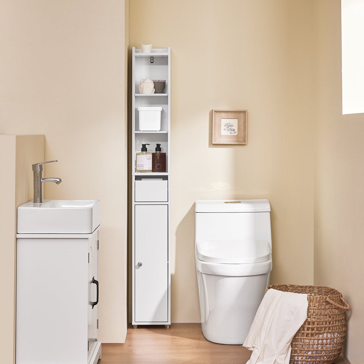 SoBuy BZR34-K-W Meuble de salle de bain étroit avec tiroir et porte - blanc - 20 x 20 x 145 cm