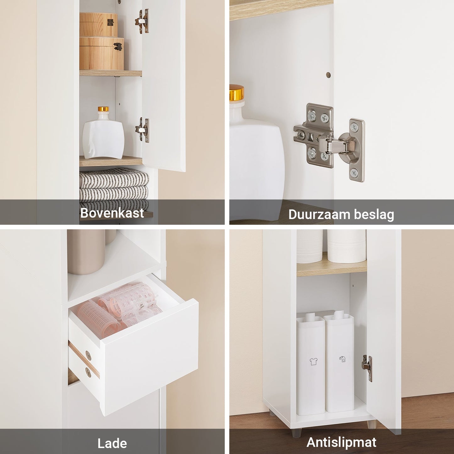 SoBuy BZR34-WN Meuble de salle de bain haut 20x20x180 cm - Blanc et bois - Meuble de rangement étroit et indépendant avec étagères et tiroirs réglables