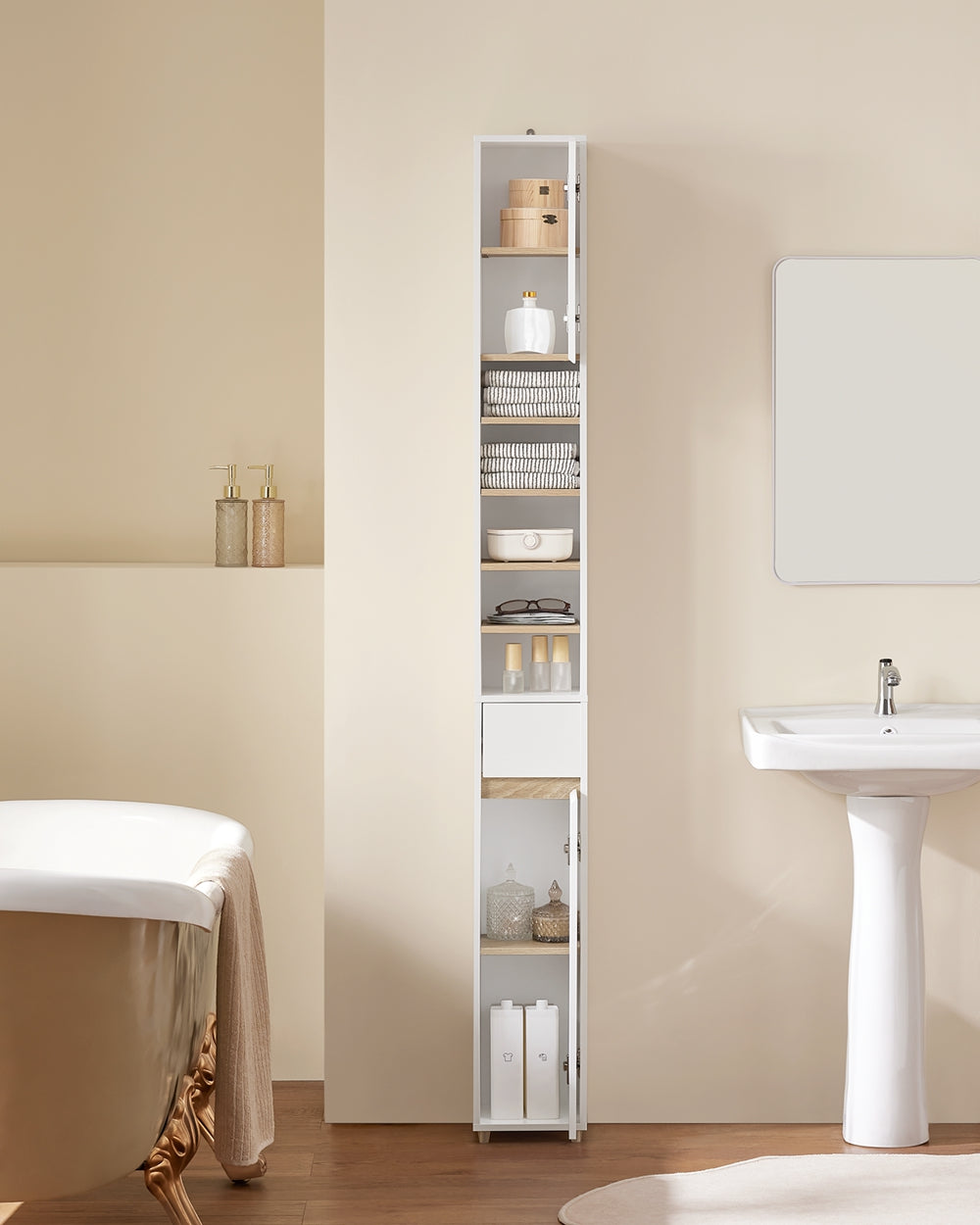 SoBuy BZR34-WN Meuble de salle de bain haut 20x20x180 cm - Blanc et bois - Meuble de rangement étroit et indépendant avec étagères et tiroirs réglables