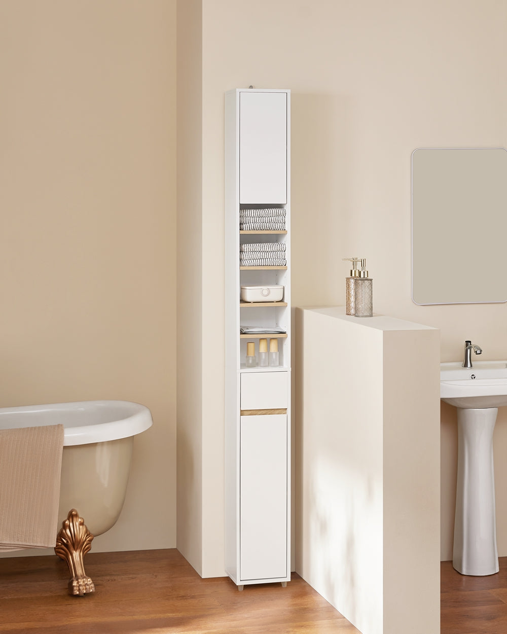SoBuy BZR34-WN Meuble de salle de bain haut 20x20x180 cm - Blanc et bois - Meuble de rangement étroit et indépendant avec étagères et tiroirs réglables