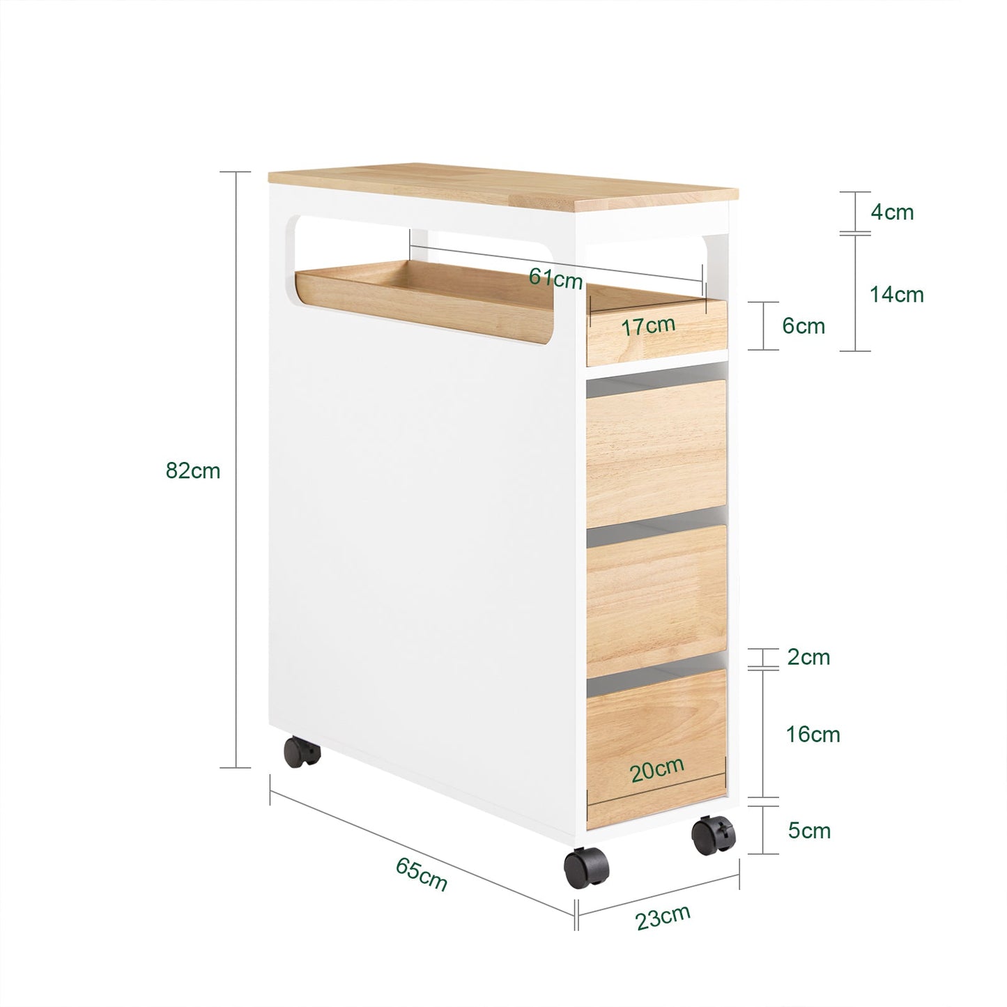 SoBuy BZR54-II-WN Étagère étroite avec 3 tiroirs, plateau amovible et roulettes - 23 x 82 x 65 cm - Blanc