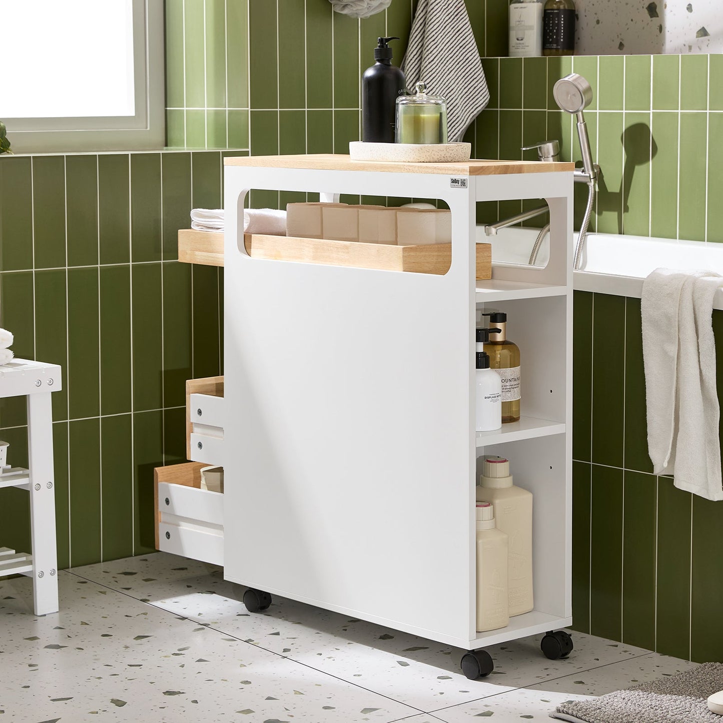 SoBuy BZR54-II-WN Étagère étroite avec 3 tiroirs, plateau amovible et roulettes - 23 x 82 x 65 cm - Blanc