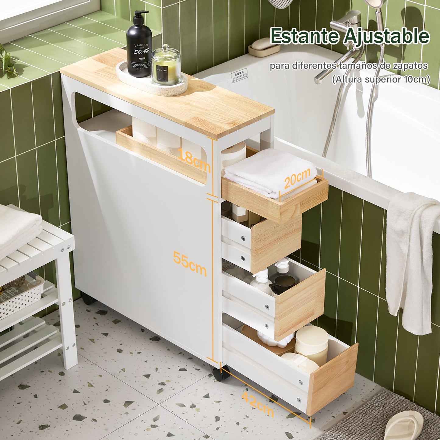 SoBuy BZR54-II-WN Étagère étroite avec 3 tiroirs, plateau amovible et roulettes - 23 x 82 x 65 cm - Blanc