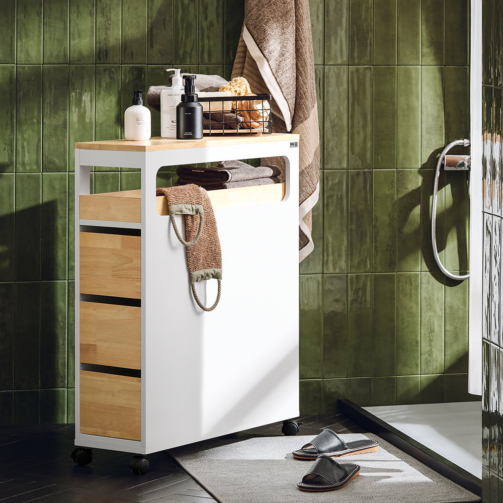 SoBuy BZR54-WN - Etagère de salle de bain avec 3 tiroirs - Plateau amovible - 23 x 82 x 65 cm - Blanc/Bois