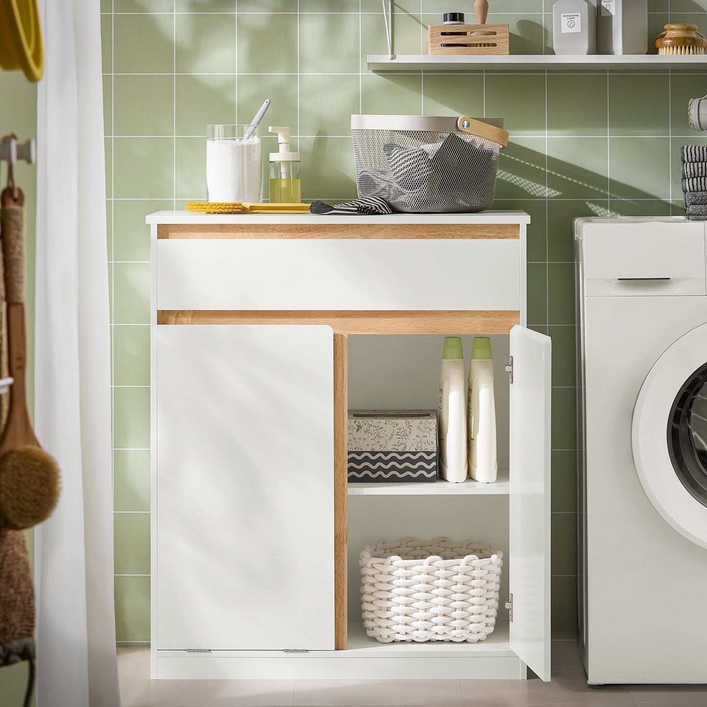 SoBuy Meuble de salle de bains - avec tiroir et sac à linge amovible - 71 x 33 x 85 cm - blanc