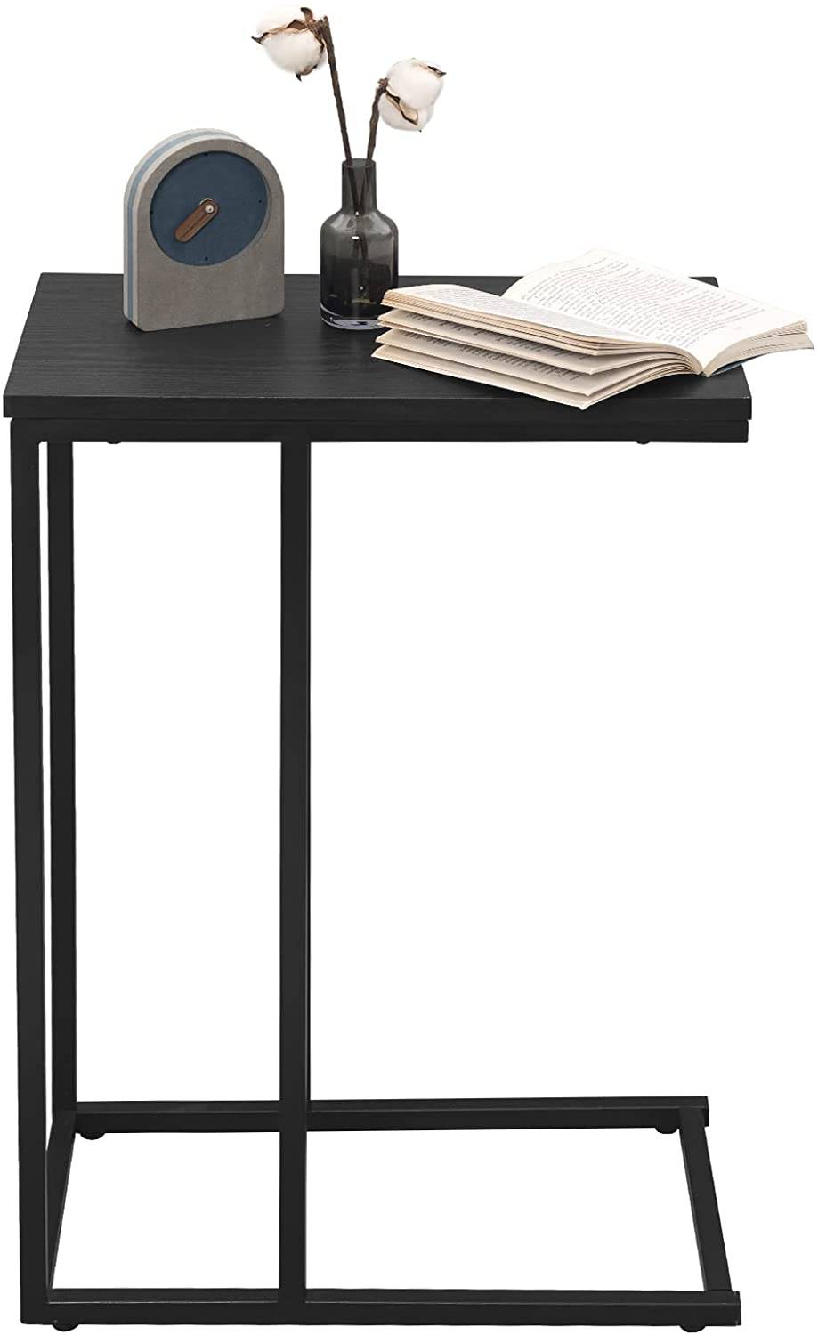Woltu Table d'appoint en forme de C - Métal industriel et bois - 45 x 25 x 63,6 cm - Noir