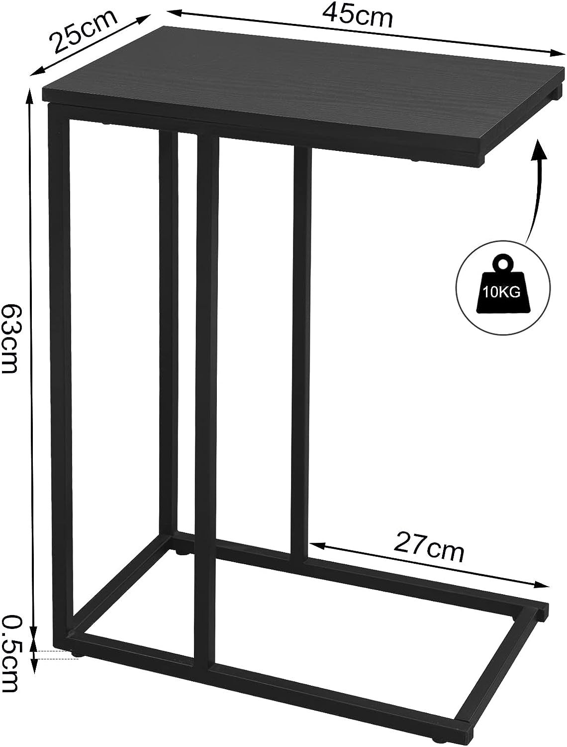 Woltu Table d'appoint en forme de C - Métal industriel et bois - 45 x 25 x 63,6 cm - Noir