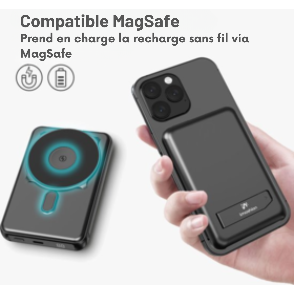 imoshion 4-in-1 Powerbank 10000 mAh avec câbles intégrés - Compatible Magsafe - Chargeur rapide 20W - Indicateur LED - USB C - Wireless Powerbank Adapté à iPhone 12/13/14/15/16 - Noir