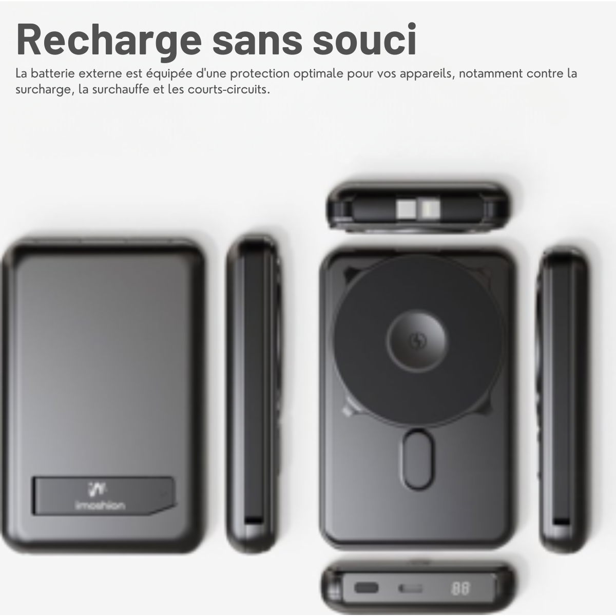 imoshion 4-in-1 Powerbank 10000 mAh avec câbles intégrés - Compatible Magsafe - Chargeur rapide 20W - Indicateur LED - USB C - Wireless Powerbank Adapté à iPhone 12/13/14/15/16 - Noir