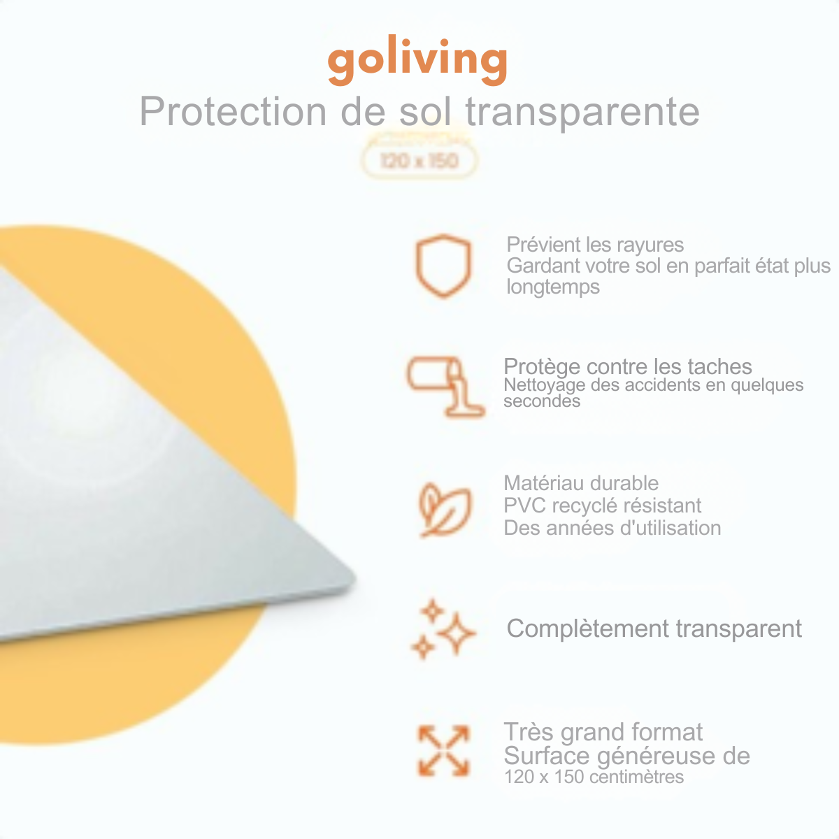 Protecteur de sol pour chaise de bureau - Goliving - Tapis de protection de bureau - PVC - Antibruit - Pour sols durs - 120 x 150 cm - Transparent