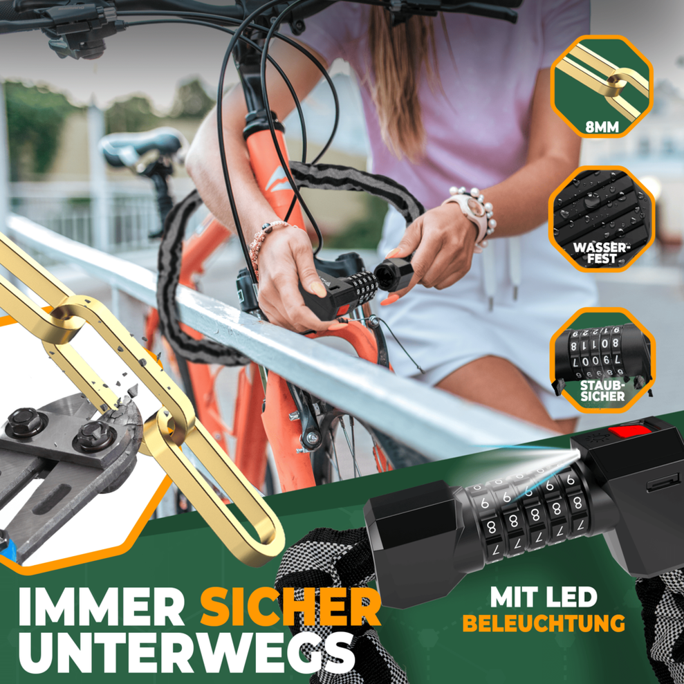 MIVELO - Serrure à chaîne de haute sécurité avec serrure à chiffres et LED - 100 cm de long - Acier trempé - 8 mm d'épaisseur - Noir