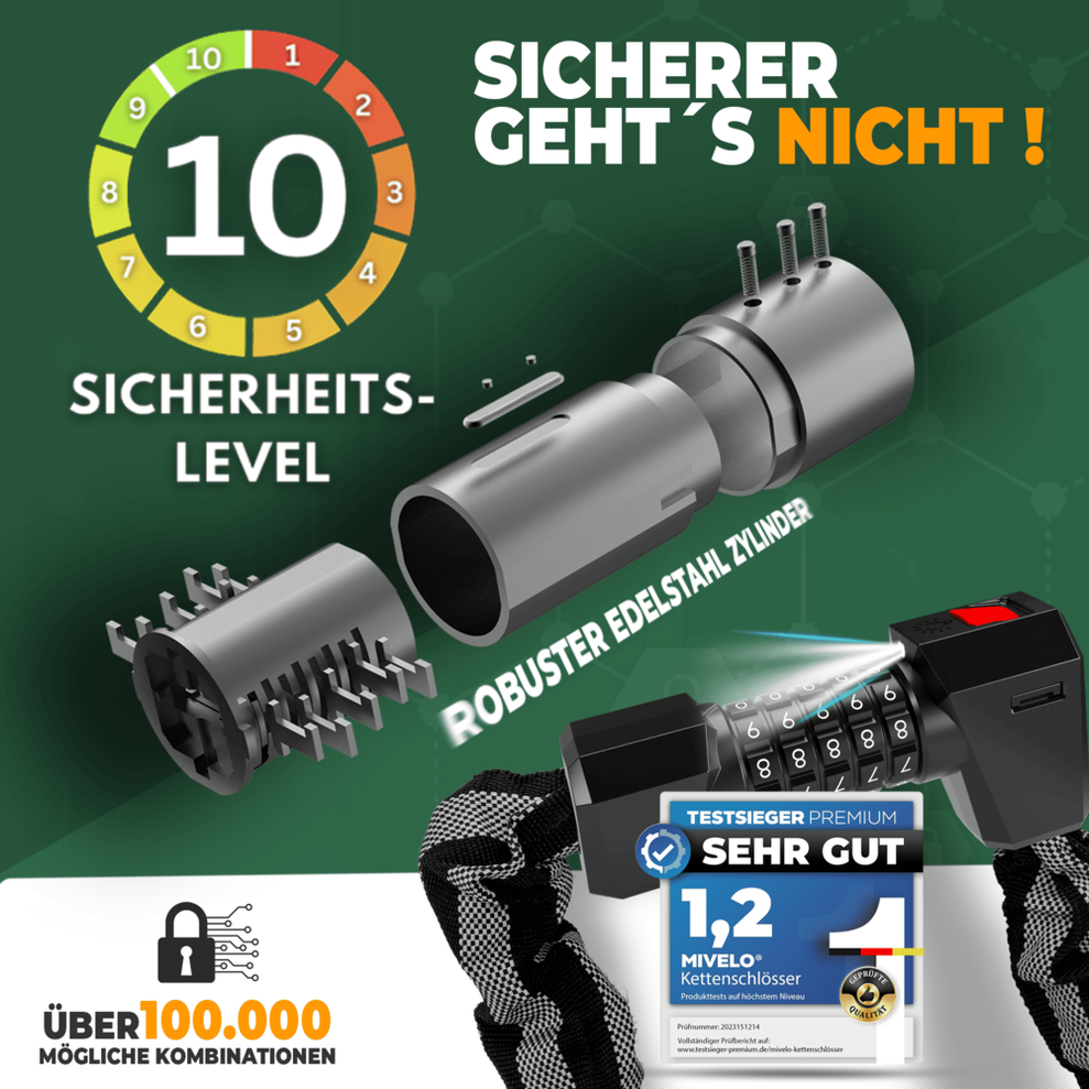 MIVELO - Serrure à chaîne de haute sécurité avec serrure à chiffres et LED - 100 cm de long - Acier trempé - 8 mm d'épaisseur - Noir