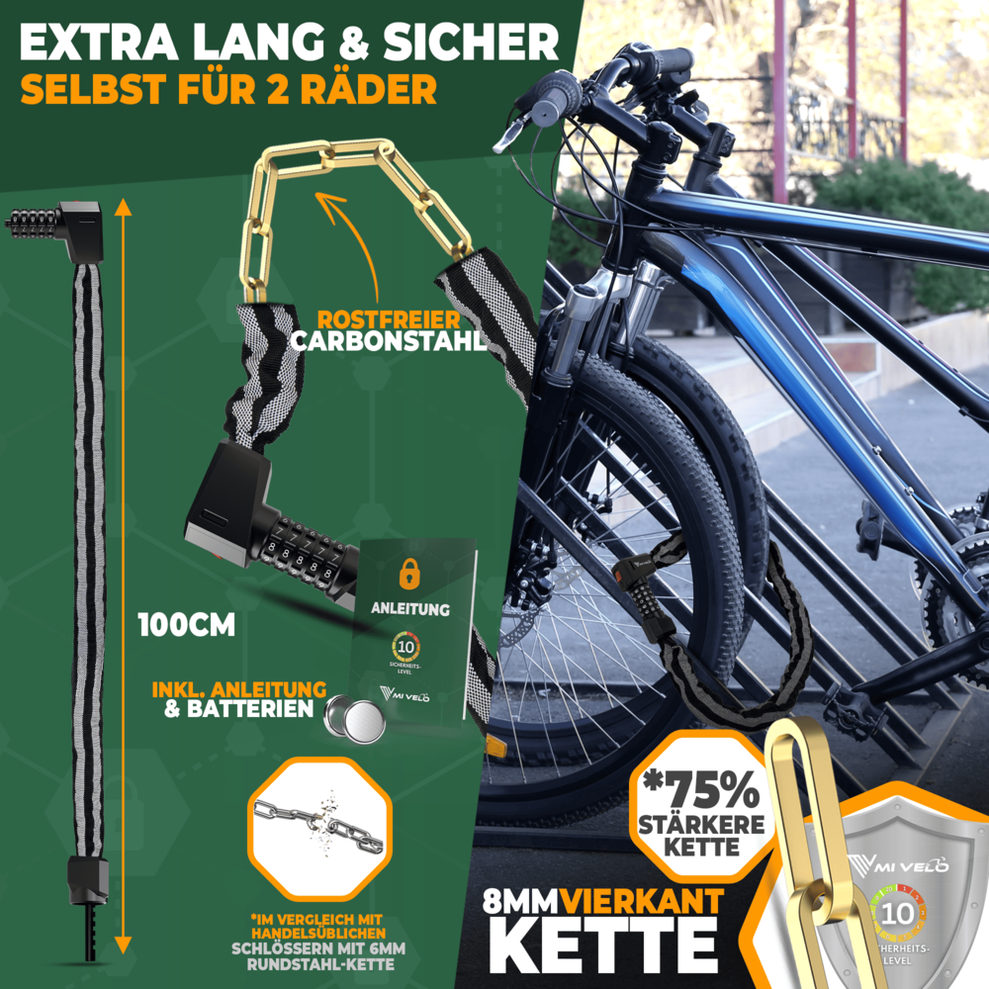 MIVELO - Serrure à chaîne de haute sécurité avec serrure à chiffres et LED - 100 cm de long - Acier trempé - 8 mm d'épaisseur - Noir