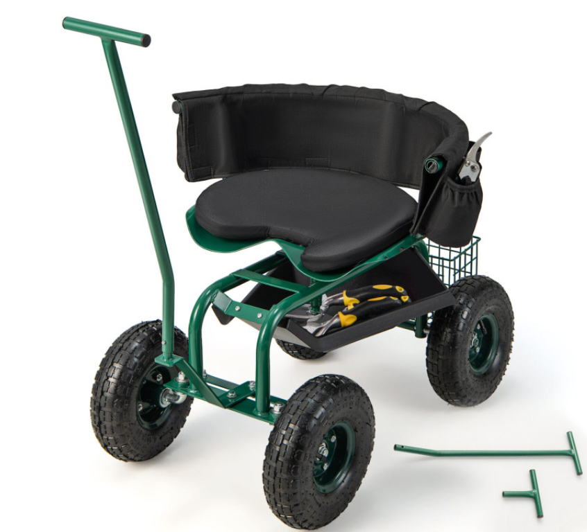 Chariot de jardin roulant avec siège pivotant 360° réglable en hauteur et panier de rangement Coast 81 x 44,5 x 46-53 cm Rouge
