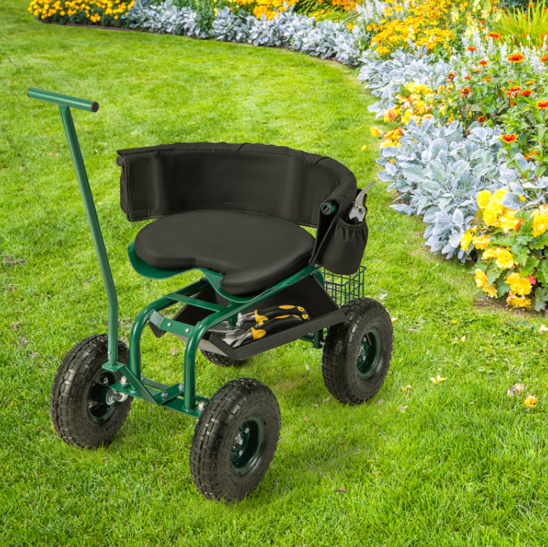 Chariot de jardin roulant avec siège pivotant 360° réglable en hauteur et panier de rangement Coast 81 x 44,5 x 46-53 cm Rouge