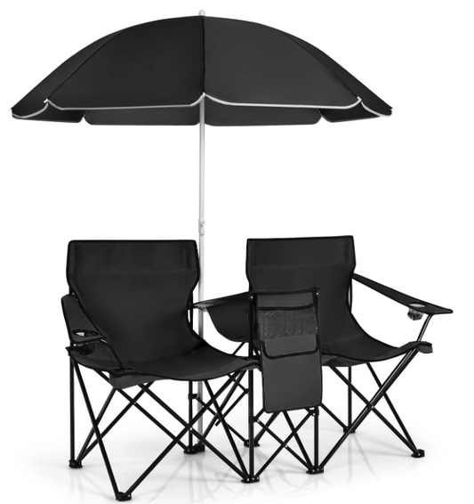Chaises de camping doubles - Coast - Pliantes - Avec parapluie amovible - Porte-gobelets - Noir