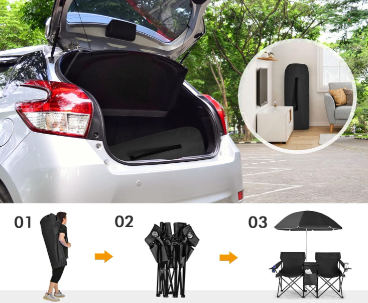Chaises de camping doubles - Coast - Pliantes - Avec parapluie amovible - Porte-gobelets - Noir