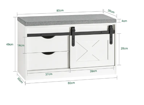 SoBuy Meuble à chaussures avec siège rembourré - 2 tiroirs et 1 porte coulissante - Max. 225 kg - 80 x 30 x 49 cm - Blanc/ Gris