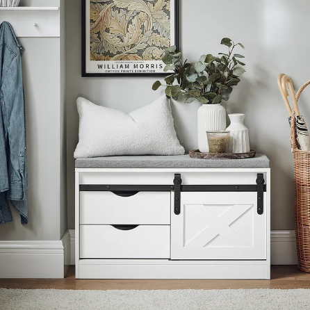 SoBuy Meuble à chaussures avec siège rembourré - 2 tiroirs et 1 porte coulissante - Max. 225 kg - 80 x 30 x 49 cm - Blanc/ Gris