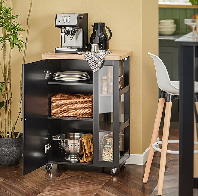 SoBuy Chariot de cuisine - 1 porte et 3 étagères - 60x90x40cm - Noir