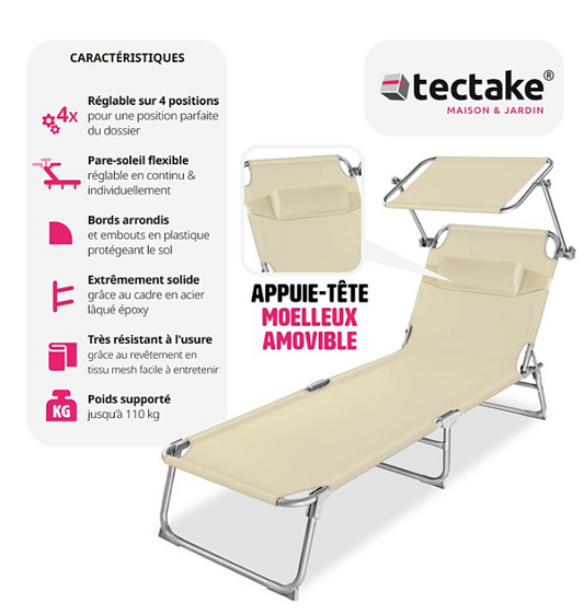 Chaise longue TECTAKE Transat en acier Pliable réglable, dossier à 4 positions avec oreiller- beige - 68 x 190 x 28 cm