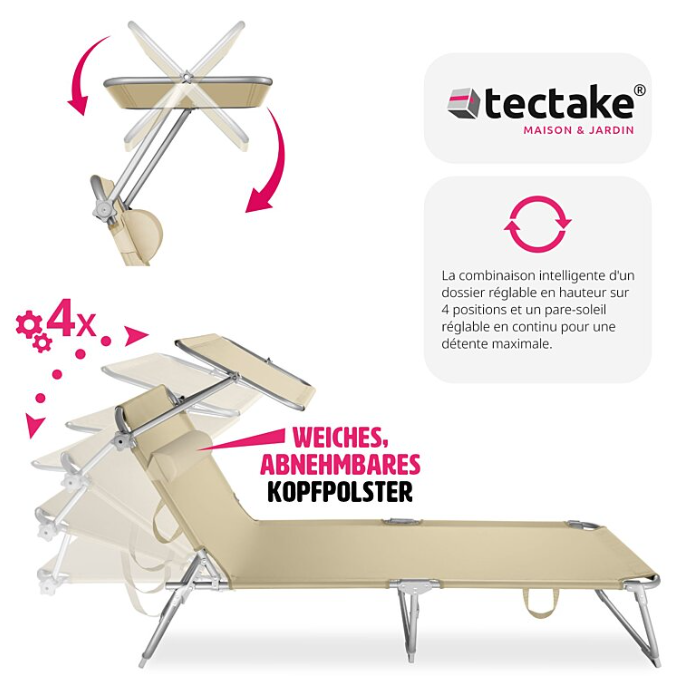 Chaise longue TECTAKE Transat en acier Pliable réglable, dossier à 4 positions avec oreiller- beige - 68 x 190 x 28 cm