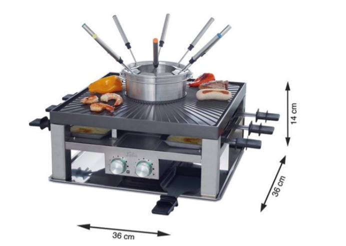 Grill multifonction Solis 796, 3 en 1 Fondue, Raclette et Pierrade, 8 personnes, Argent/Noir