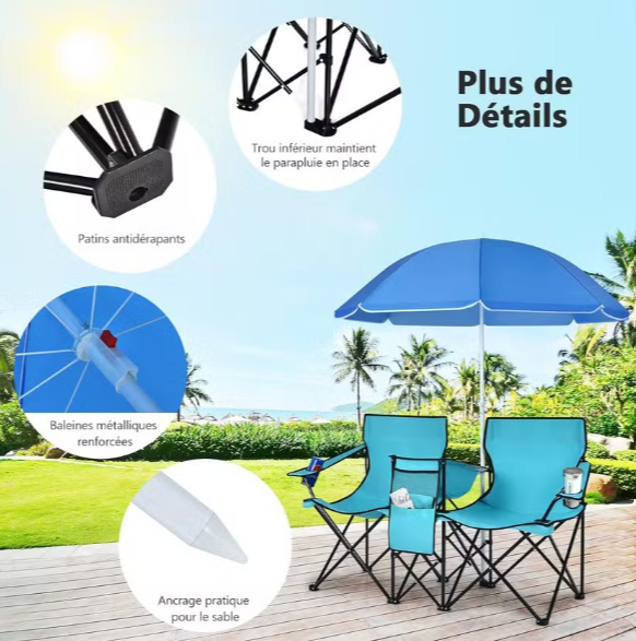 Chaise pliante d'extérieur avec parasol Bleu - Métal - 118 x 149 x 160 cm