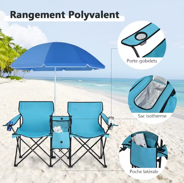 Chaise pliante d'extérieur avec parasol Bleu - Métal - 118 x 149 x 160 cm