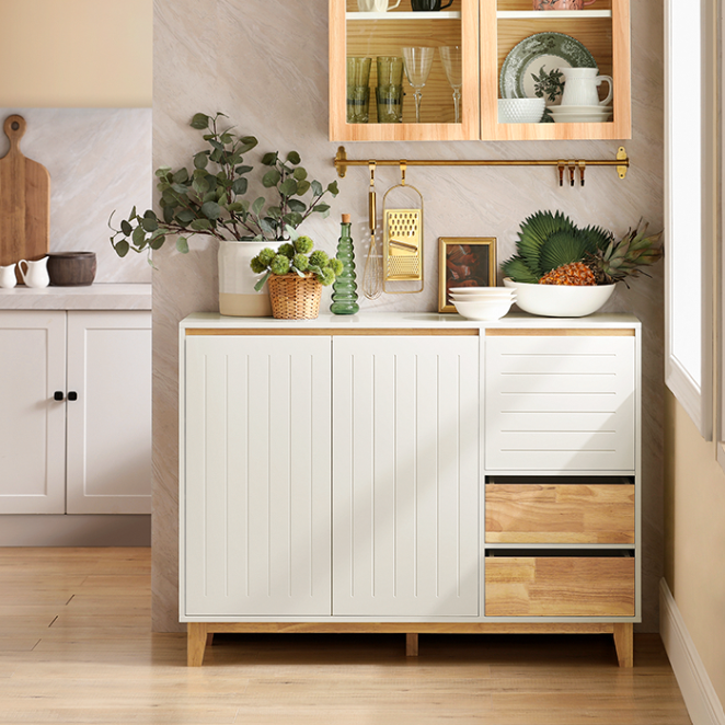 SoBuy Buffet - 2 armoires et 3 tiroirs - Max. 60 kg - 120 x 40 x 90 cm - Blanc / Naturel