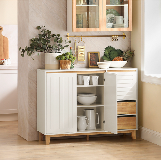 SoBuy Buffet - 2 armoires et 3 tiroirs - Max. 60 kg - 120 x 40 x 90 cm - Blanc / Naturel