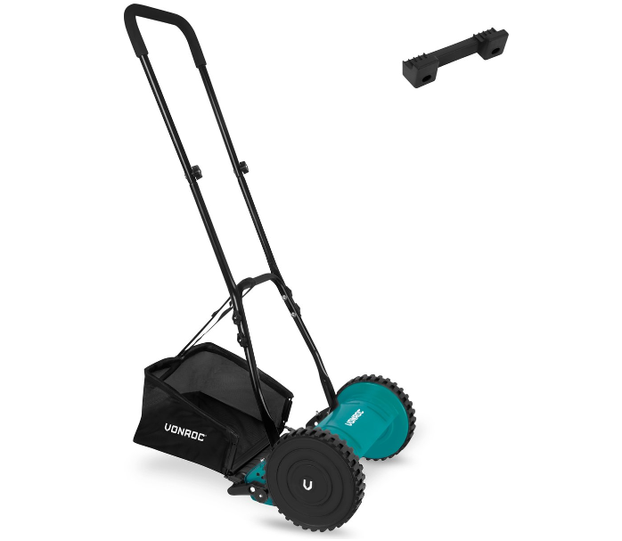 VONROC Tondeuse à main - 300mm - 4 hauteurs de coupe réglables - incl. support mural et sac de ramassage