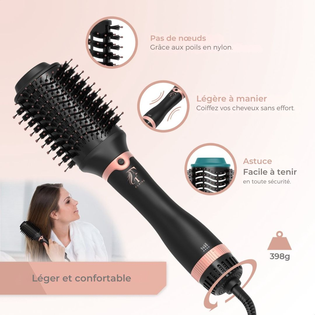 Brosse sèche-cheveux avec 3 accessoires Flaire ROSÉ - Brosse à boucler en céramique - ionique - 1200W - noir