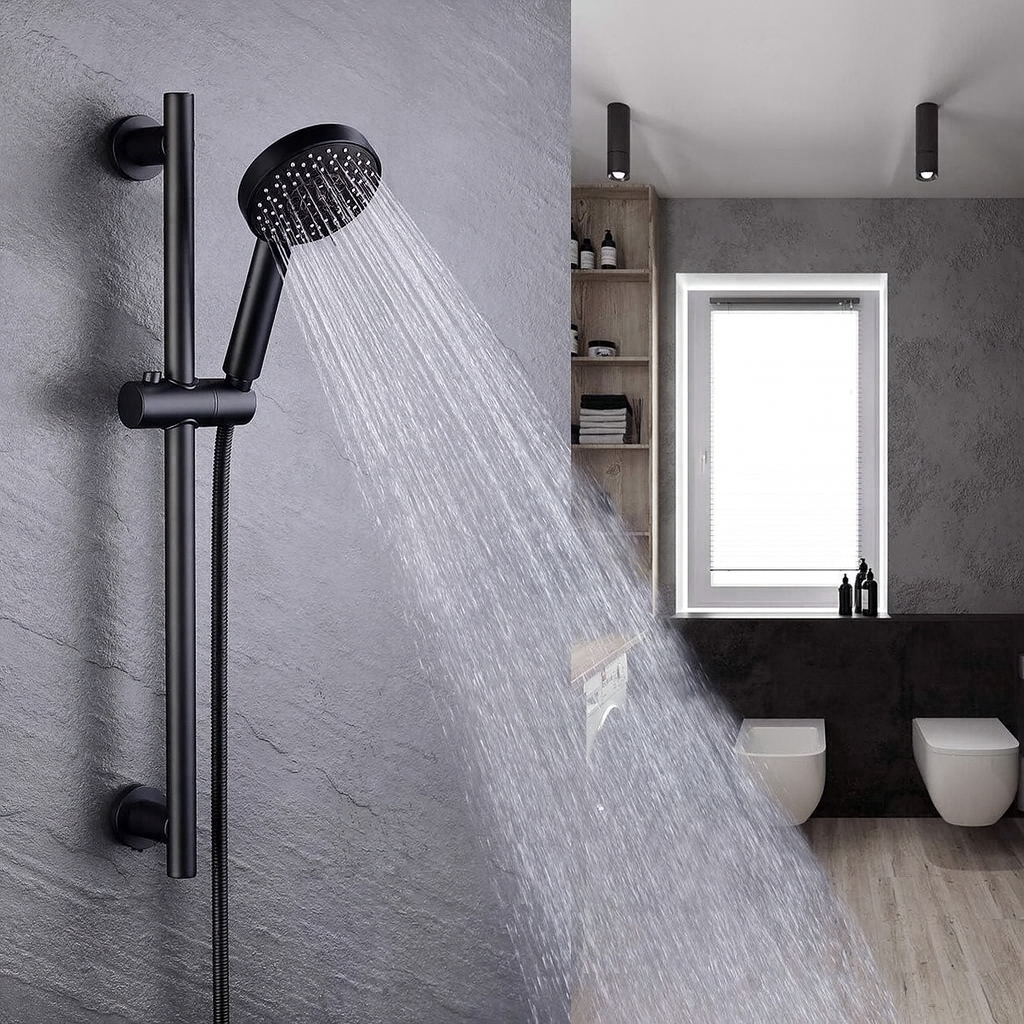 Barre de Douche Industrielle SUS304 – Noir – Acier Inoxydable – Sans Mitigeur – Flexible 150 cm – Avec Pommeau Noir