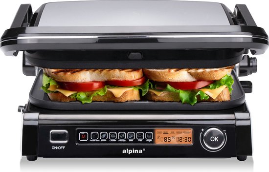 alpina Contact Grill 2100W - Appareil à sandwich avec 7 supports de gril - Gril de table avec plaques amovibles - Gril à panini 37,6 x 33,1 cm - Revêtement antiadhésif - acier inoxydable/Aluminium