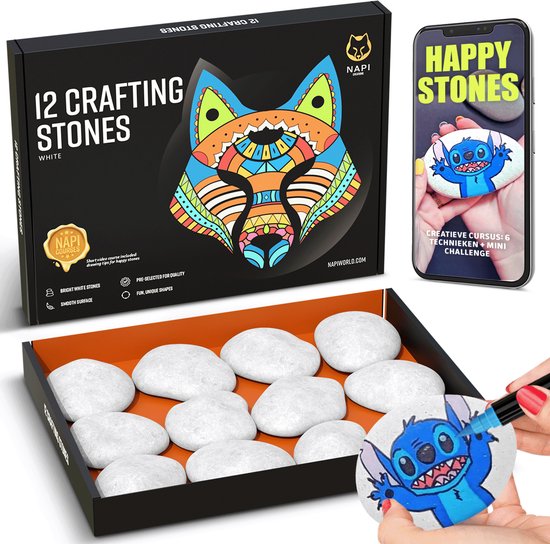 NAPI Happy Stones - 12 galets blancs - Cours inclus : Pierres à peindre - Galets lisses - Paquet - Galets de plage - 4 à 8cm - Blancs